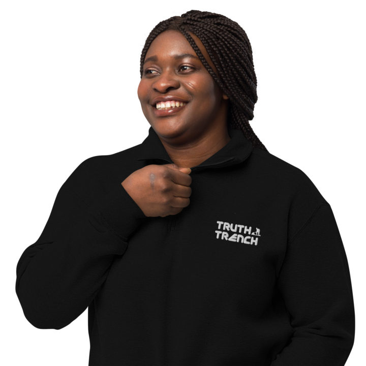 TruthTrench unisex black fleece pullover. TruthTrench logo on front - TruthTrench