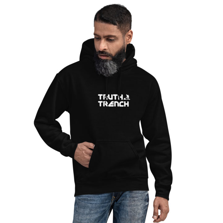 TruthTrench unisex black pullover hoodie. TruthTrench logo on front - TruthTrench