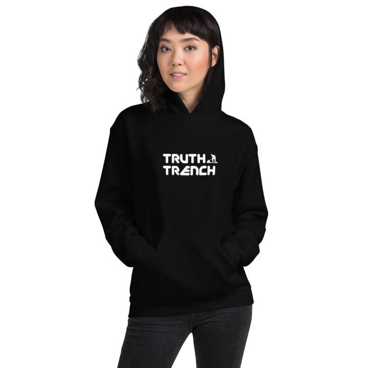 TruthTrench unisex black pullover hoodie. TruthTrench logo on front - TruthTrench