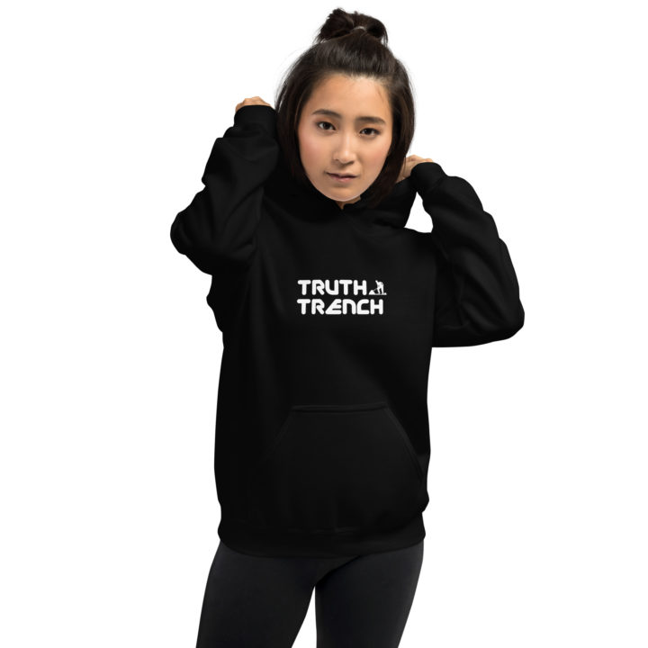 TruthTrench unisex black pullover hoodie. TruthTrench logo on front - TruthTrench