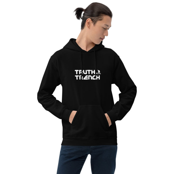 TruthTrench unisex black pullover hoodie. TruthTrench logo on front - TruthTrench