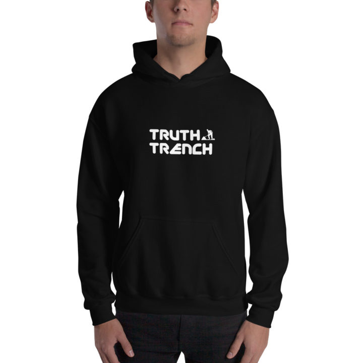 TruthTrench unisex black pullover hoodie. TruthTrench logo on front - TruthTrench