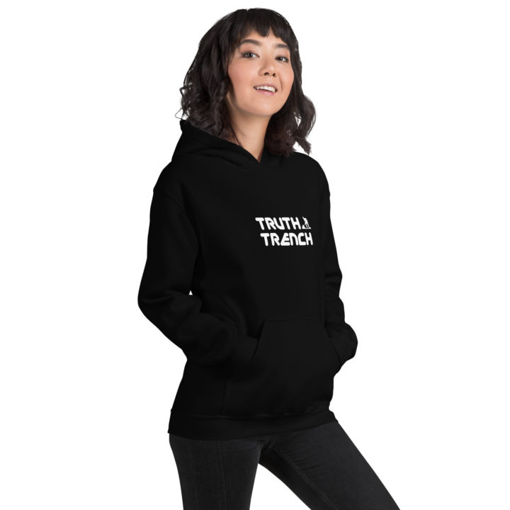 TruthTrench unisex black pullover hoodie. TruthTrench logo on front - TruthTrench