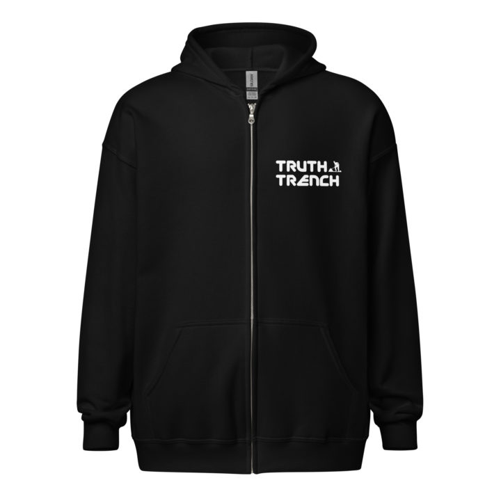 TruthTrench Unisex black zip hoodie. TruthTrench logo on front - TruthTrench