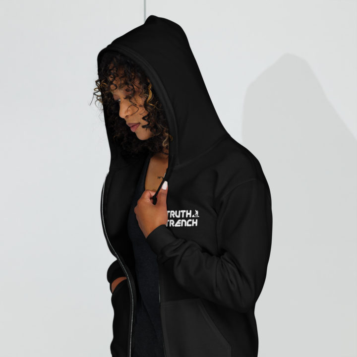 TruthTrench Unisex black zip hoodie. TruthTrench logo on front - TruthTrench