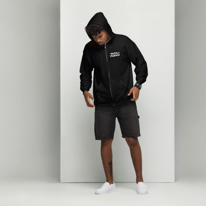 TruthTrench Unisex black zip hoodie. TruthTrench logo on front - TruthTrench