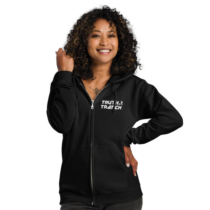 TruthTrench Unisex black zip hoodie. TruthTrench logo on front - TruthTrench