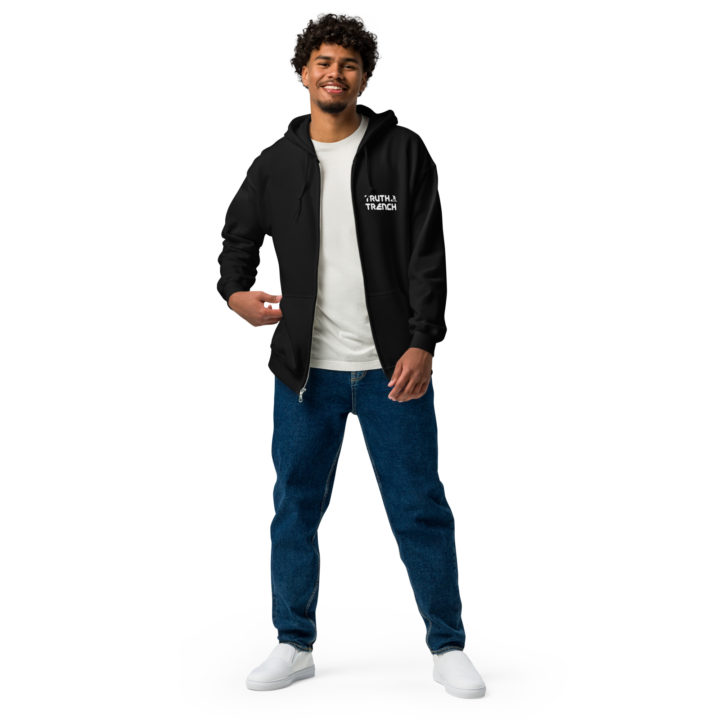 TruthTrench Unisex black zip hoodie. TruthTrench logo on front - TruthTrench