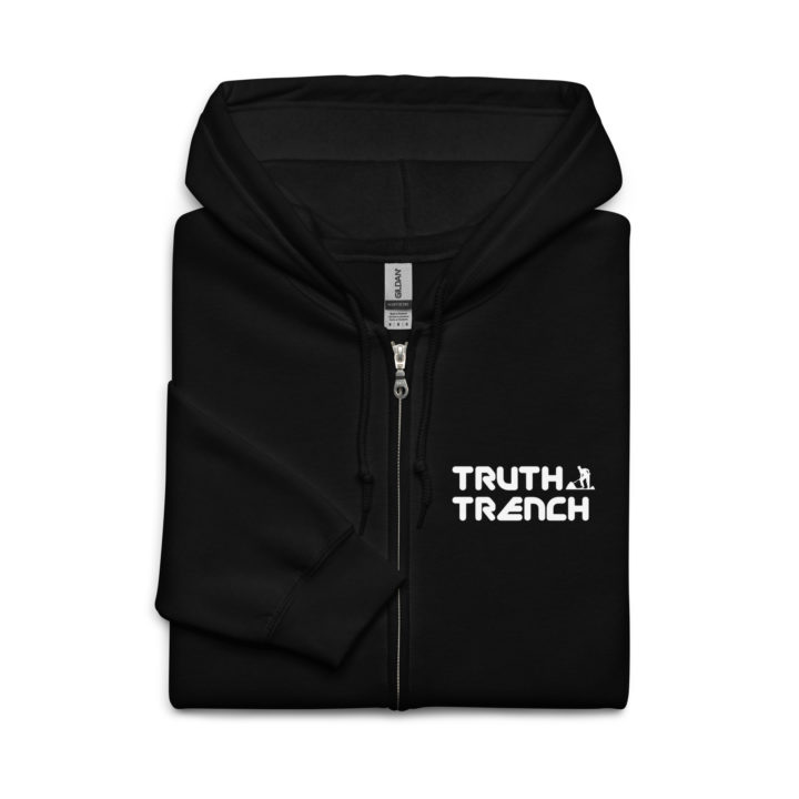 TruthTrench Unisex black zip hoodie. TruthTrench logo on front - TruthTrench