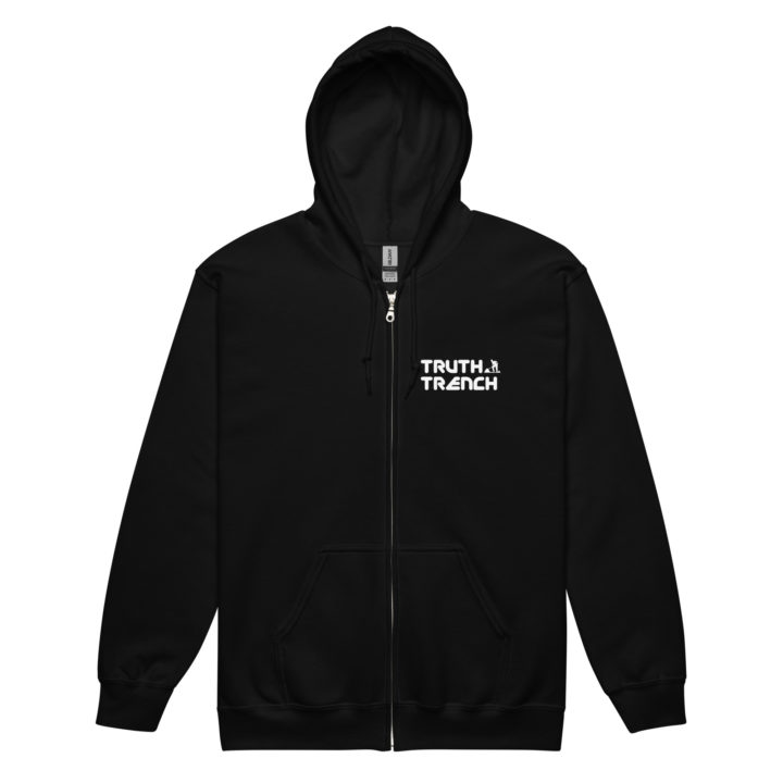 TruthTrench Unisex black zip hoodie. TruthTrench logo on front - TruthTrench