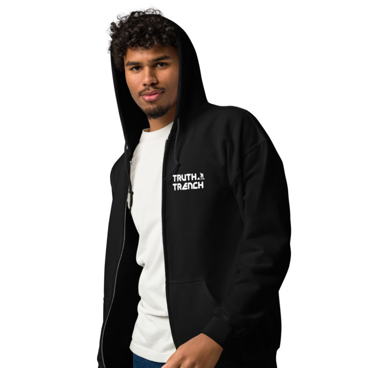 TruthTrench Unisex black zip hoodie. TruthTrench logo on front - TruthTrench