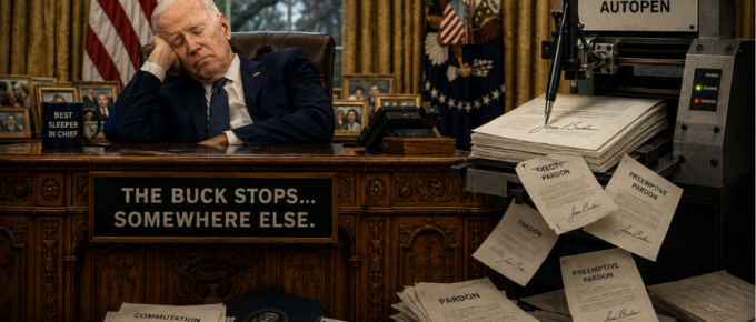 Sleepy Joe Biden and his auto pen in the oval office. Truth Trench Think Tank