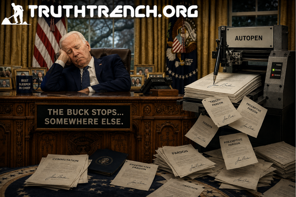 Sleepy Joe Biden and his auto pen in the oval office. Truth Trench Think Tank