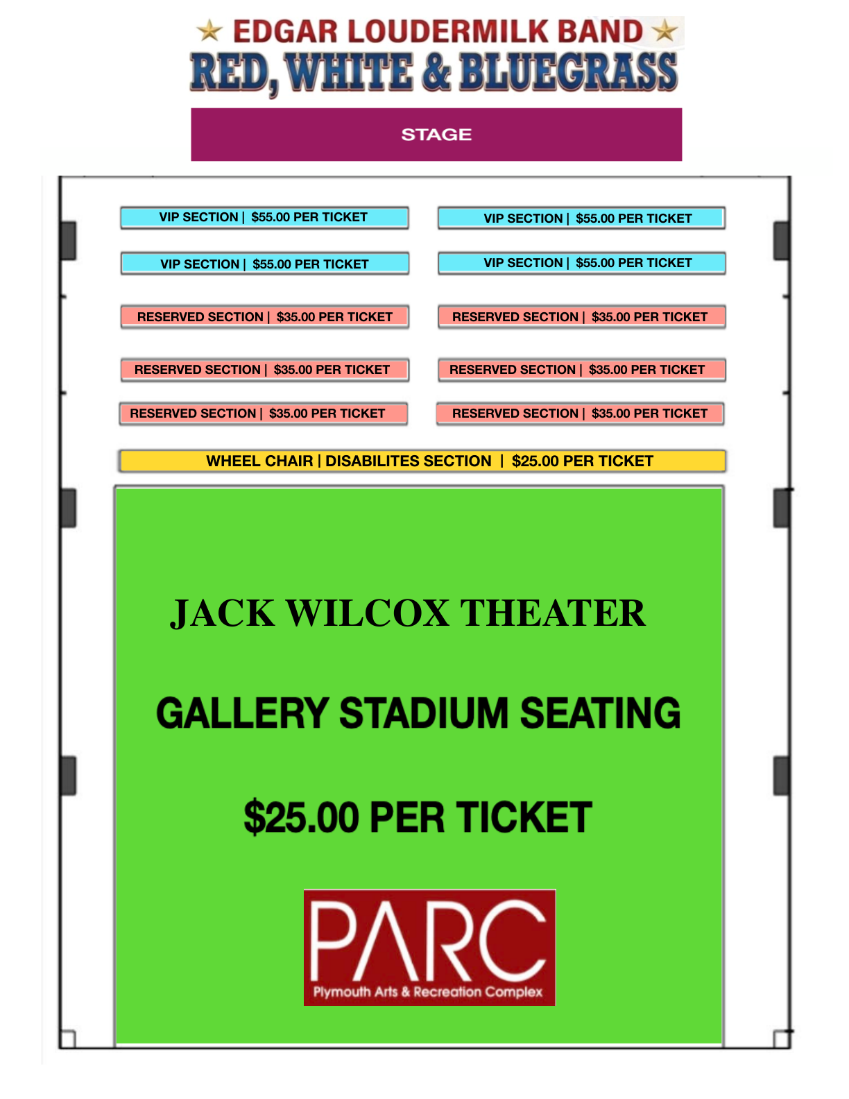 Jack Wilcox Theater seating chart showing Gallery, RSVP, and VIP sections