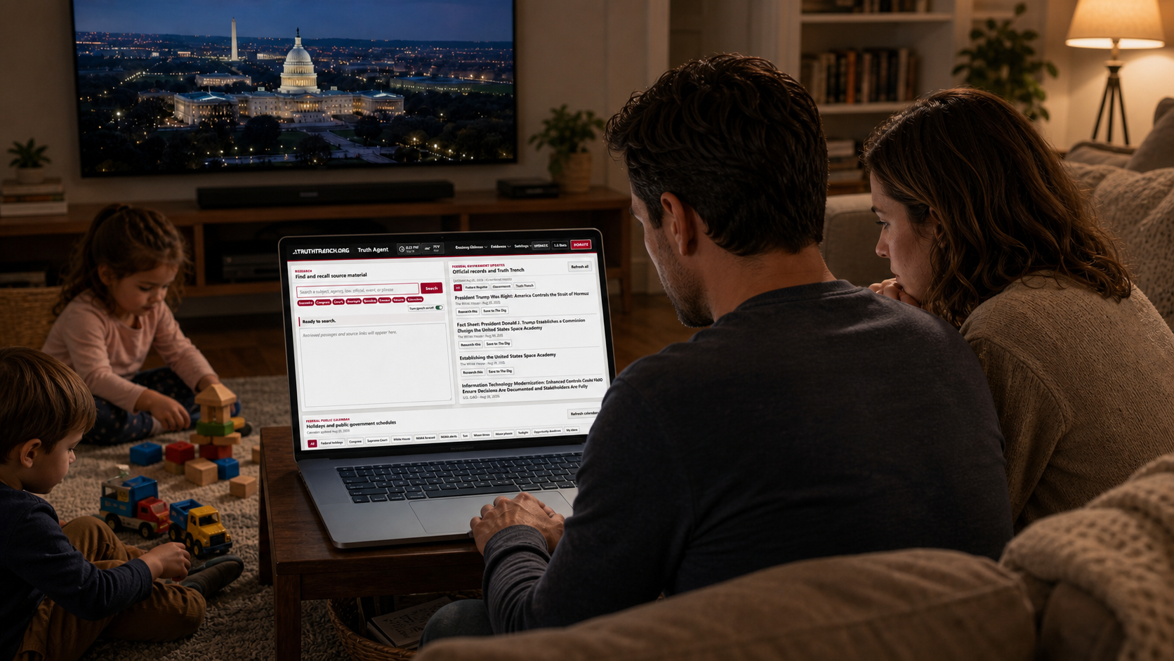A concerned family using Truth Agent to research and oversee the federal government