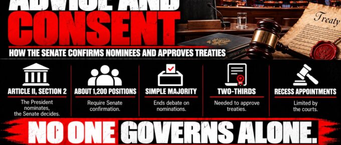 Truth Trench infographic for "Advice and Consent: How the Senate Confirms Nominees and Approves Treaties," with the headline, key facts in icon panels and the TruthTrench.org logo on a black, white and red background.