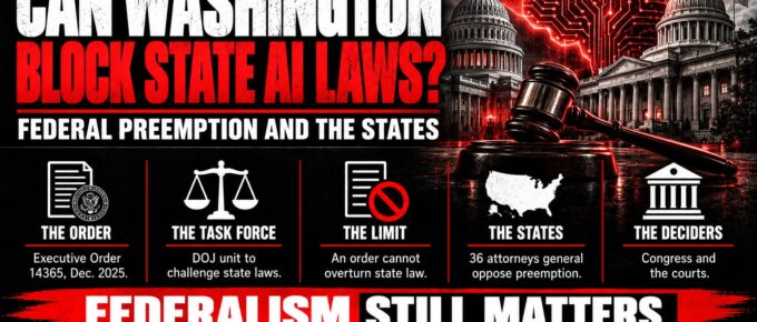 Truth Trench infographic for "Can Washington Block State AI Laws? Federal Preemption, the AI Litigation Task Force and the States," with the headline, key facts in icon panels and the TruthTrench.org logo on a black, white and red background.