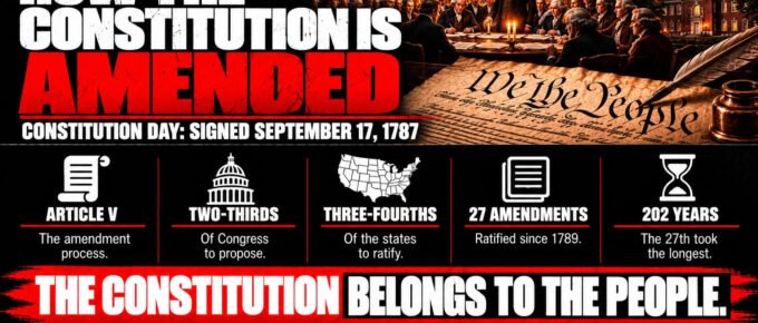 Truth Trench infographic for "Constitution Day: How the Constitution Is Amended," with the headline, key facts in icon panels and the TruthTrench.org logo on a black, white and red background.