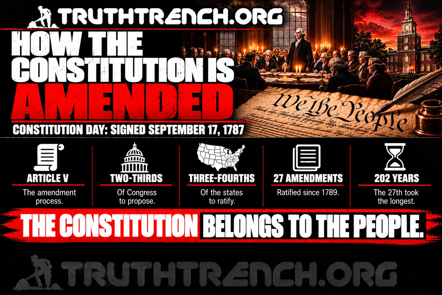 Truth Trench infographic for "Constitution Day: How the Constitution Is Amended," with the headline, key facts in icon panels and the TruthTrench.org logo on a black, white and red background.
