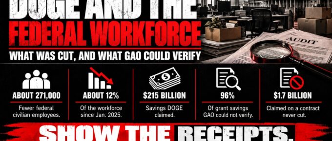 Truth Trench infographic for "DOGE and the Federal Workforce: What Was Actually Cut, and What GAO Could Verify," with the headline, key facts in icon panels and the TruthTrench.org logo on a black, white and red background.
