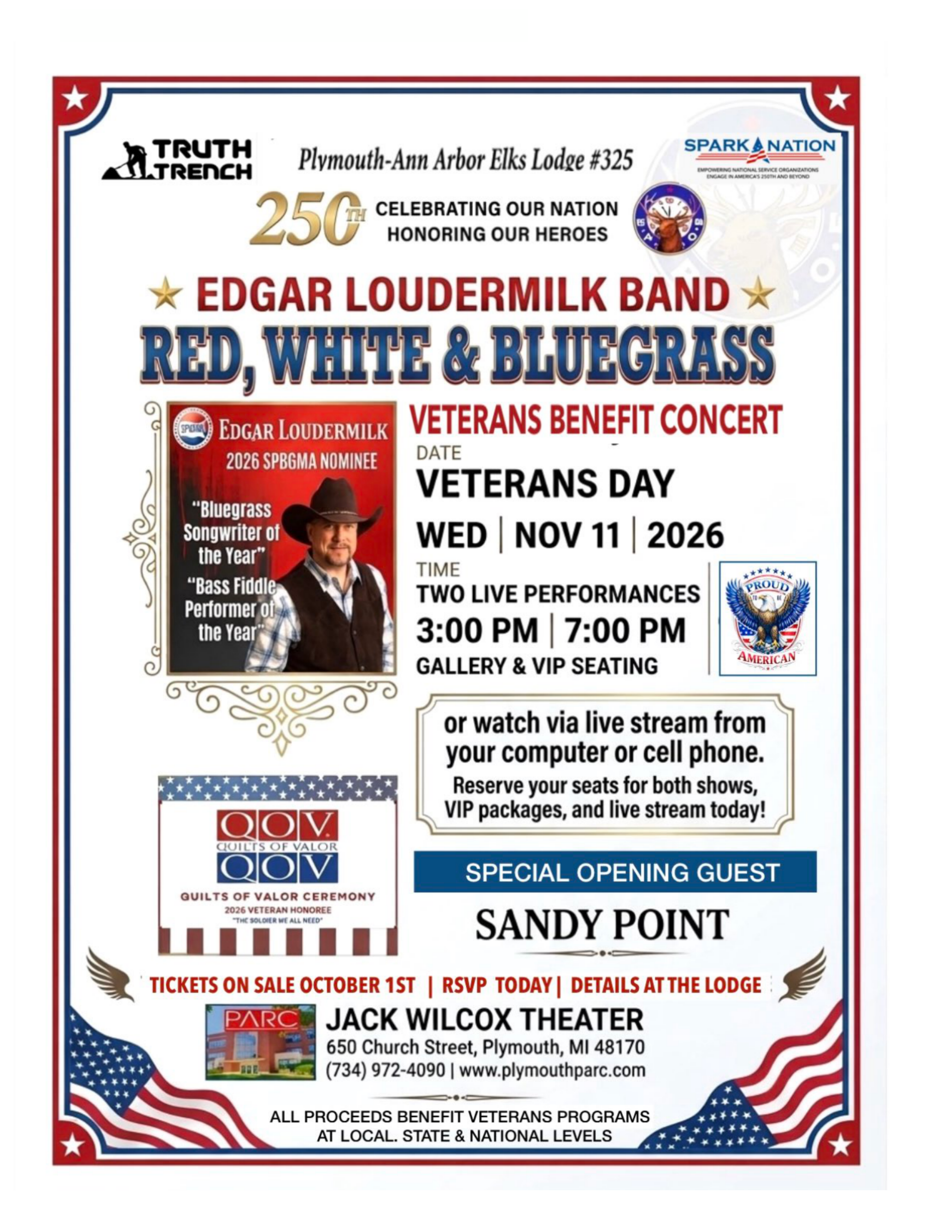 Red, White & Bluegrass Veterans Day benefit concert event flyer with full lineup and ticket details