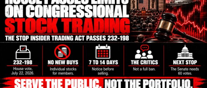 Truth Trench infographic for "House Passes Limits on Congressional Stock Trading, 232-198," with the headline, key facts in icon panels and the TruthTrench.org logo on a black, white and red background.