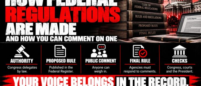 Truth Trench infographic for "How Federal Regulations Are Made, and How You Can Comment on One," with the headline, key facts in icon panels and the TruthTrench.org logo on a black, white and red background.