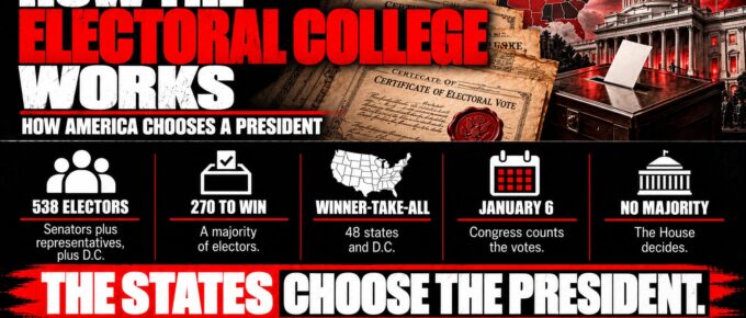 Truth Trench infographic for "How the Electoral College Works," with the headline, key facts in icon panels and the TruthTrench.org logo on a black, white and red background.