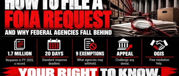 Truth Trench infographic for "How to File a FOIA Request, and Why Federal Agencies Fall Behind," with the headline, key facts in icon panels and the TruthTrench.org logo on a black, white and red background.