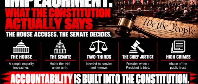 Truth Trench infographic for "Impeachment: What the Constitution Actually Says," with the headline, key facts in icon panels and the TruthTrench.org logo on a black, white and red background.