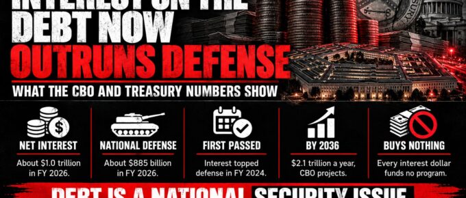 Truth Trench infographic for "Interest on the National Debt Now Costs More Than Defense: What the Numbers Show," with the headline, key facts in icon panels and the TruthTrench.org logo on a black, white and red background.