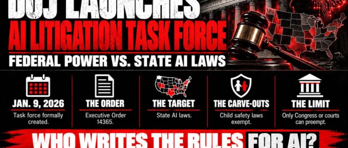 Truth Trench infographic for "Justice Department Stands Up an AI Litigation Task Force to Challenge State AI Laws," with the headline, key facts in icon panels and the TruthTrench.org logo on a black, white and red background.