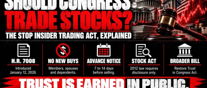 Truth Trench infographic for "New Bill Would Bar Members of Congress From Buying Individual Stocks," with the headline, key facts in icon panels and the TruthTrench.org logo on a black, white and red background.