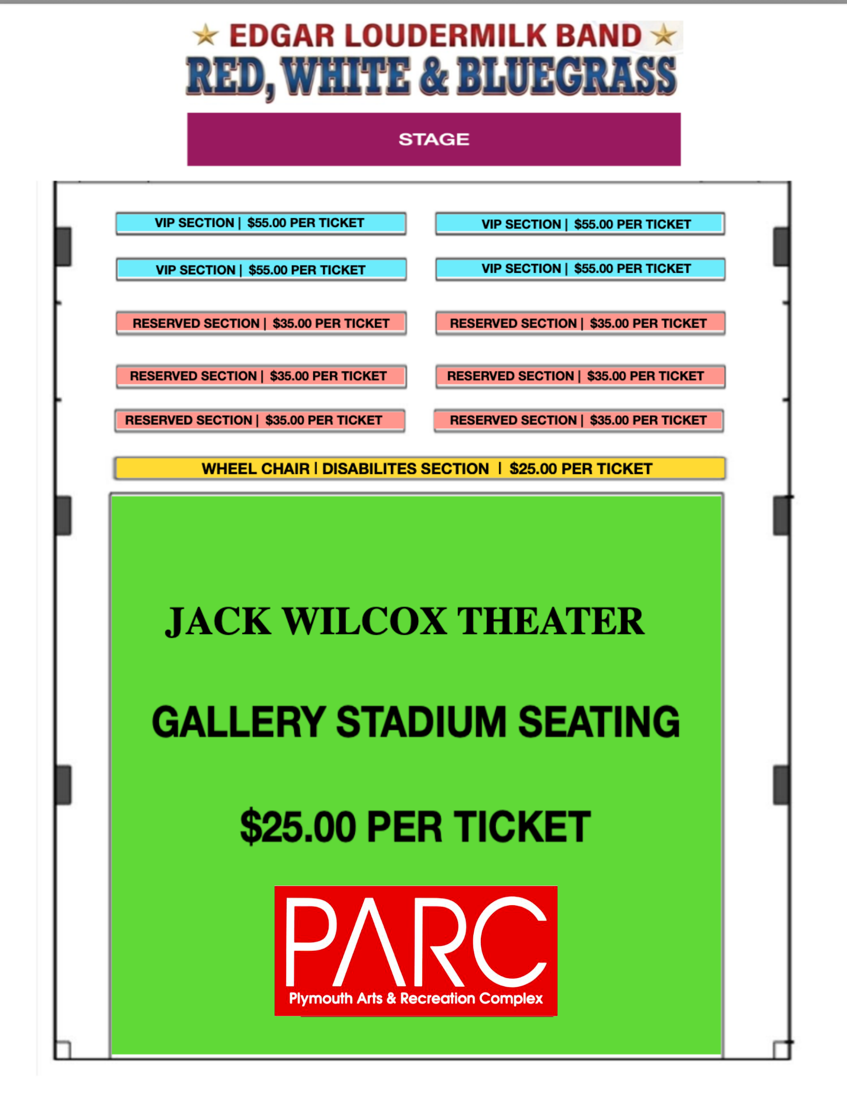 Jack Wilcox Theater / PARC seating chart showing VIP, Reserved, and Wheelchair/Disabilities sections and pricing
