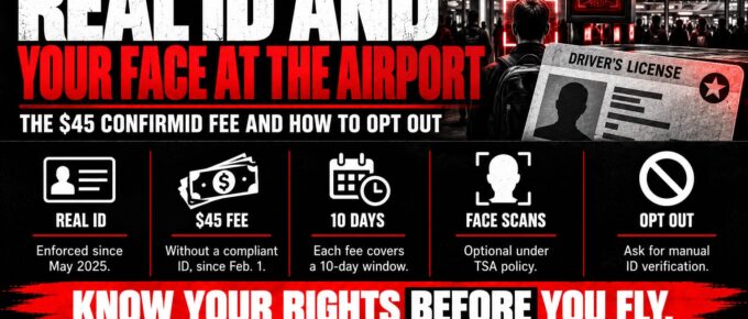Truth Trench infographic for "REAL ID, the $45 ConfirmID Fee and Airport Facial Recognition: What TSA Collects and How to Opt Out," with the headline, key facts in icon panels and the TruthTrench.org logo on a black, white and red background.