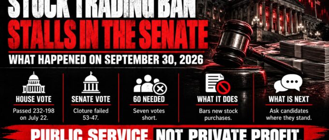 Truth Trench infographic for "Should Members of Congress Trade Stocks? The STOCK Act, the Stop Insider Trading Act and What Happened in the Senate," with the headline, key facts in icon panels and the TruthTrench.org logo on a black, white and red background.