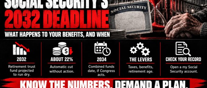 Truth Trench infographic for "Social Security's 2032 Deadline: What Happens to Your Benefits, and When," with the headline, key facts in icon panels and the TruthTrench.org logo on a black, white and red background.