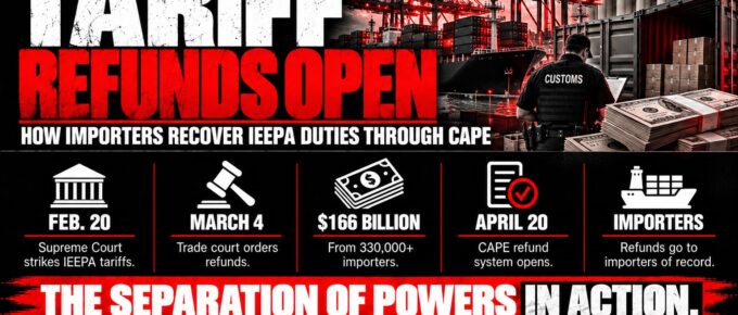Truth Trench infographic for "Tariff Refunds Open: How Importers Can Recover IEEPA Duties Through CBP's New CAPE System," with the headline, key facts in icon panels and the TruthTrench.org logo on a black, white and red background.