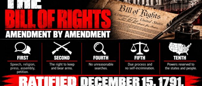 Truth Trench infographic for "The Bill of Rights, Amendment by Amendment," with the headline, key facts in icon panels and the TruthTrench.org logo on a black, white and red background.