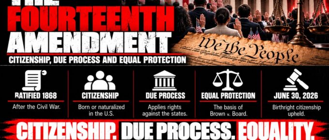 Truth Trench infographic for "The Fourteenth Amendment: Citizenship, Due Process and Equal Protection," with the headline, key facts in icon panels and the TruthTrench.org logo on a black, white and red background.