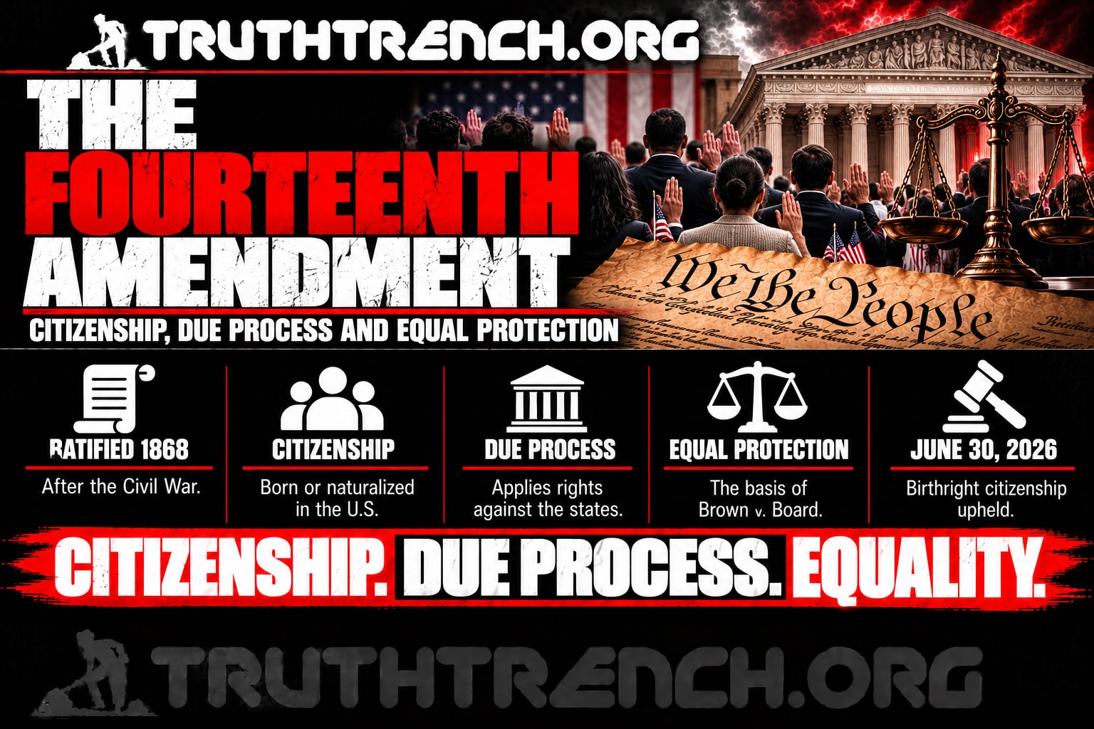 Truth Trench infographic for "The Fourteenth Amendment: Citizenship, Due Process and Equal Protection," with the headline, key facts in icon panels and the TruthTrench.org logo on a black, white and red background.