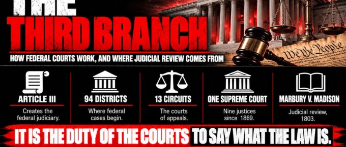 Truth Trench infographic for "The Third Branch: How Federal Courts Work, and Where Judicial Review Comes From," with the headline, key facts in icon panels and the TruthTrench.org logo on a black, white and red background.