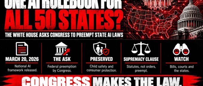 Truth Trench infographic for "The White House Asks Congress to Preempt State AI Laws: Inside the National AI Policy Framework," with the headline, key facts in icon panels and the TruthTrench.org logo on a black, white and red background.