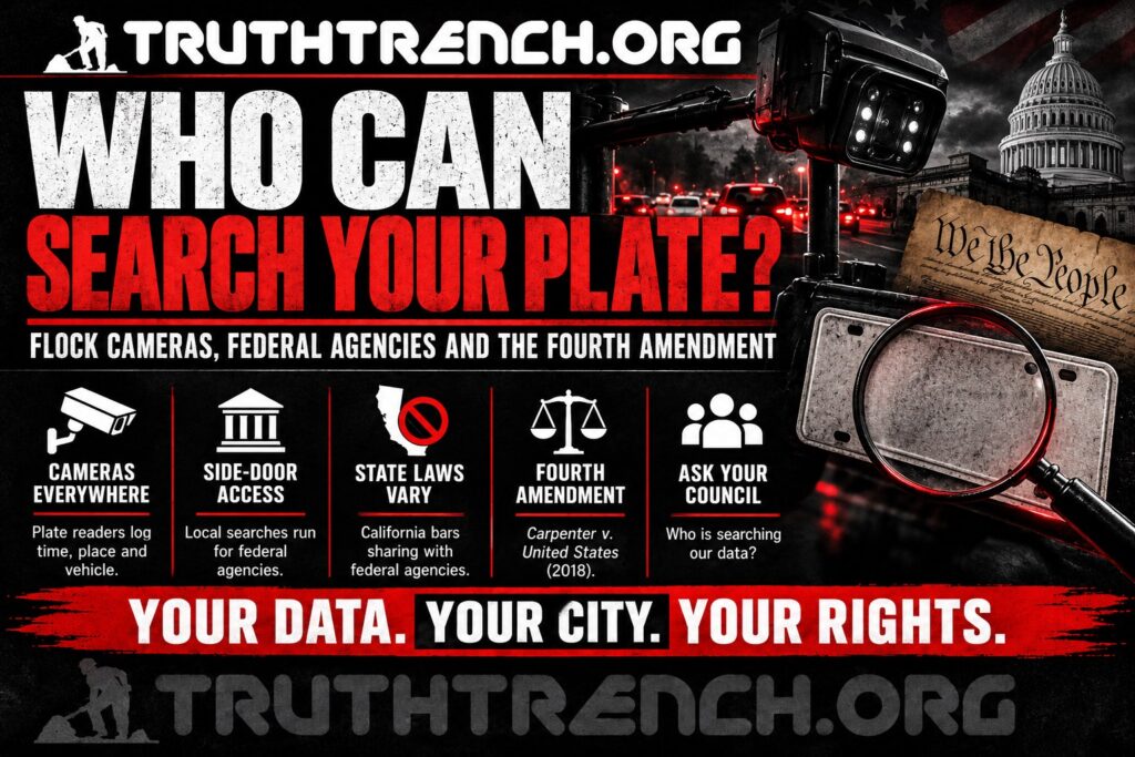Truth Trench infographic for "Who Can Search Your License Plate? Flock Cameras, Federal Agencies and the Fourth Amendment," with the headline, key facts in icon panels and the TruthTrench.org logo on a black, white and red background.