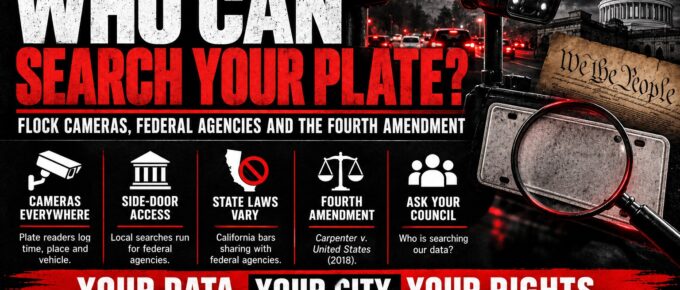 Truth Trench infographic for "Who Can Search Your License Plate? Flock Cameras, Federal Agencies and the Fourth Amendment," with the headline, key facts in icon panels and the TruthTrench.org logo on a black, white and red background.