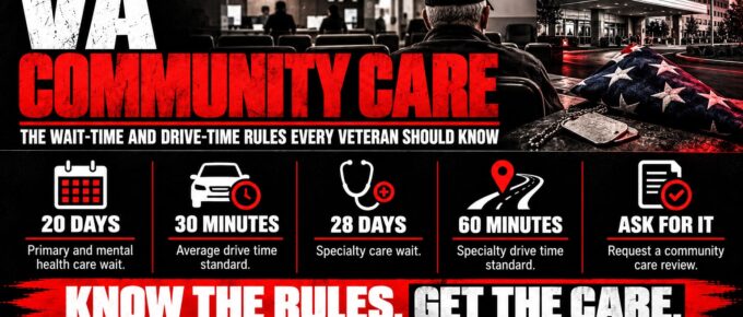 Truth Trench infographic for "VA Community Care: The Wait-Time and Drive-Time Rules Every Veteran Should Know," with the headline, key facts in icon panels and the TruthTrench.org logo on a black, white and red background.
