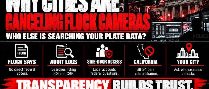 Truth Trench infographic for "Why Some Cities Are Canceling Their Flock License Plate Camera Contracts," with the headline, key facts in icon panels and the TruthTrench.org logo on a black, white and red background.